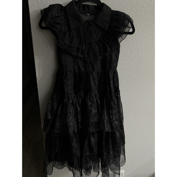 Wednesday Style Girls Black Ruffle Tiered Dress Size 130 7/8 Whimsigoth Witchy - Picture 3 of 11